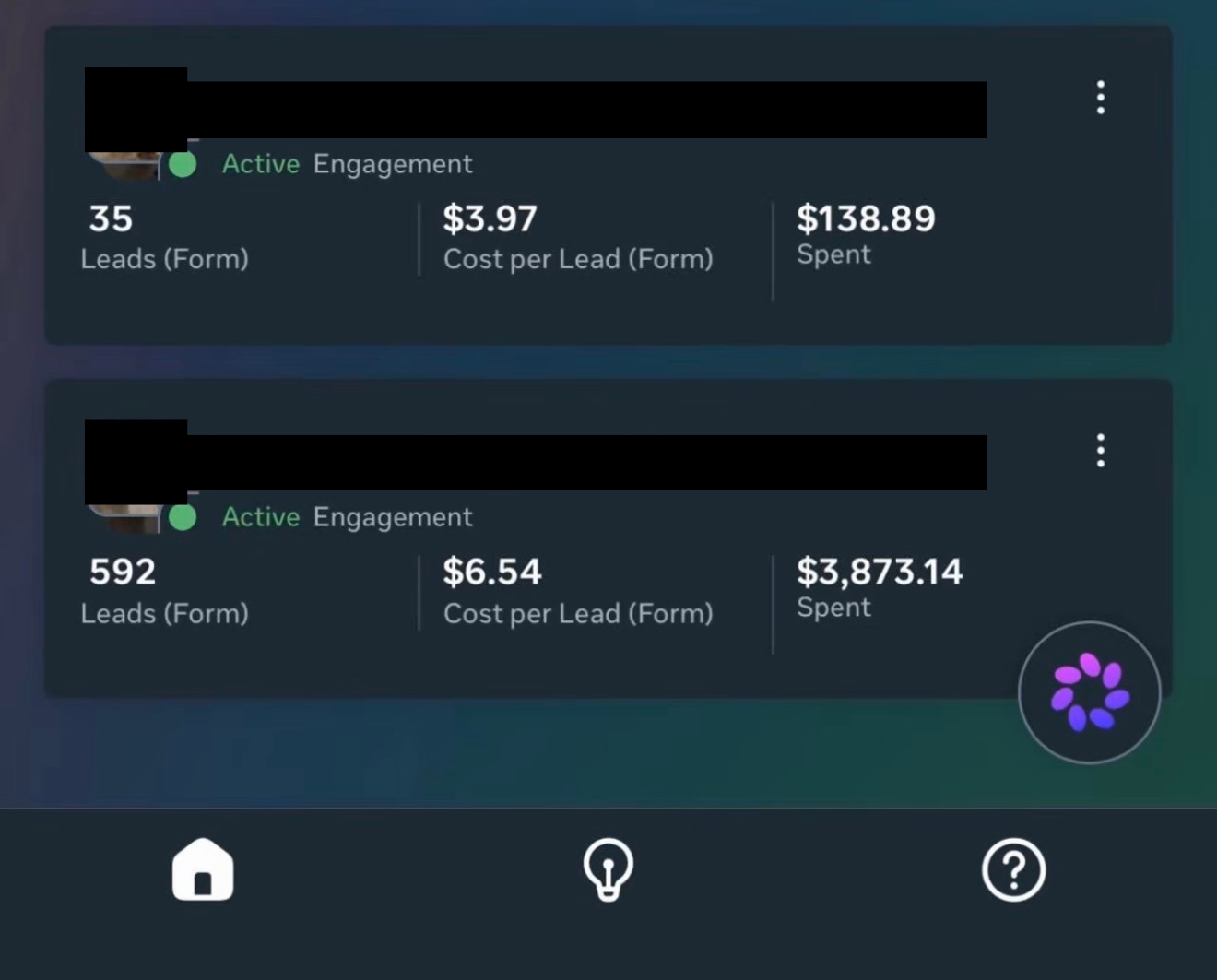 Meta Ads campaign results — leads and cost per lead metrics